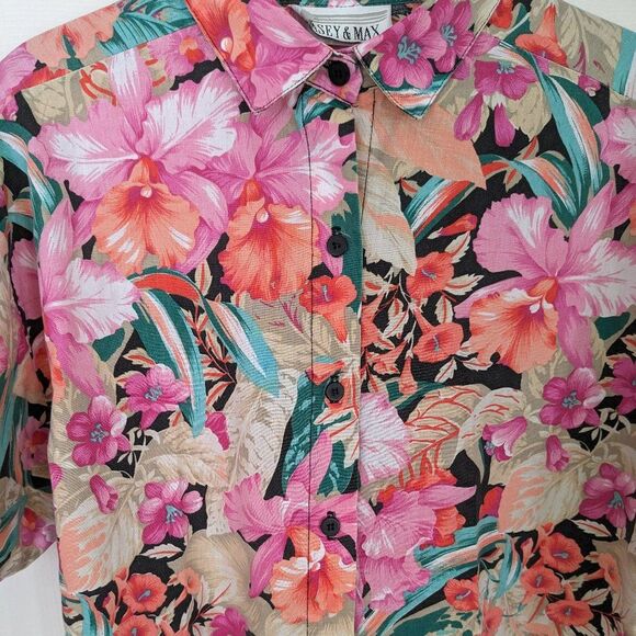 Vintage Casey & Max Tropical Floral Hawaiian Button Up - Med - Pink Hibiscus - Picture 3 of 10